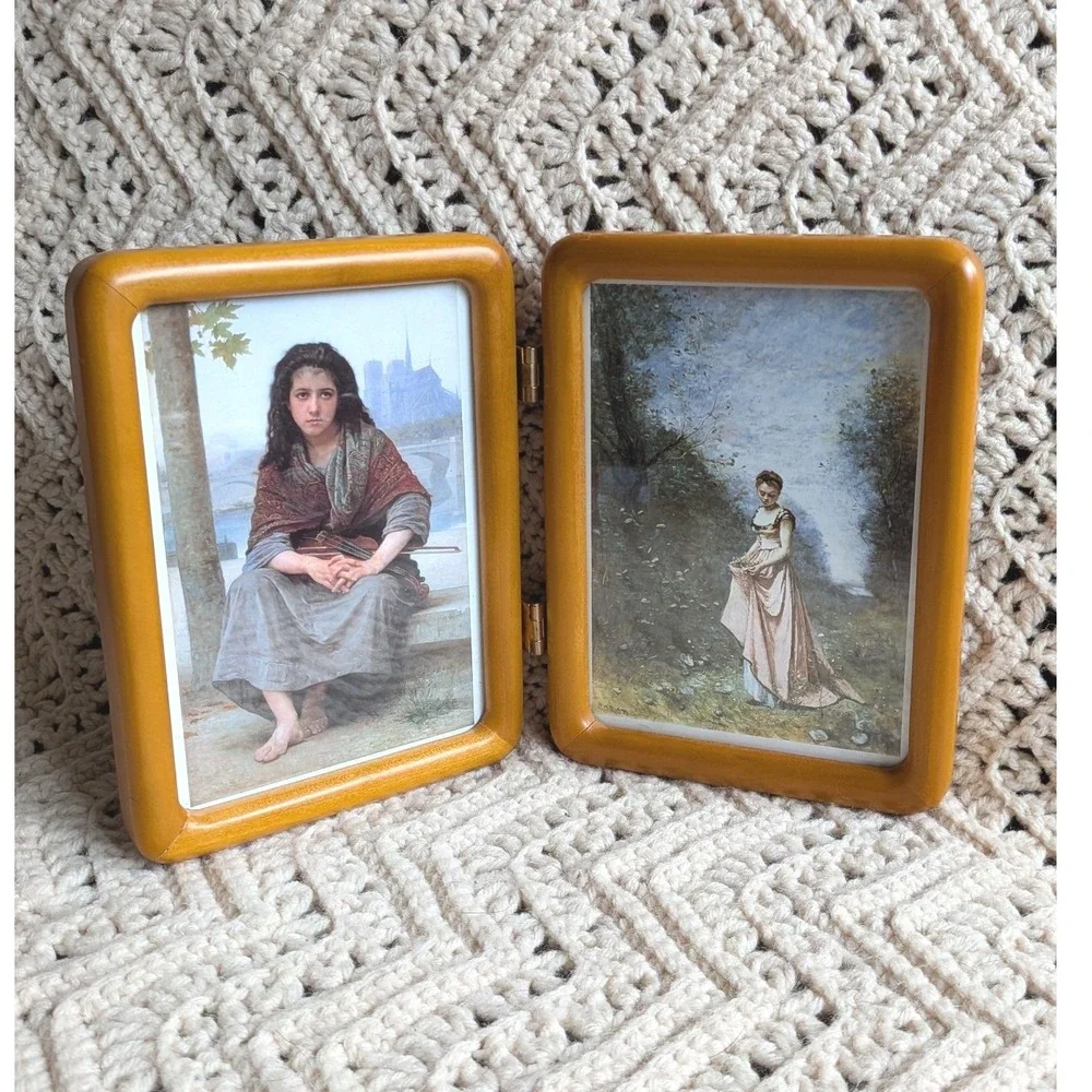 Vintage Wood Folding Double Picture Frame Bouguereau Corot Art Prints 8x5.5